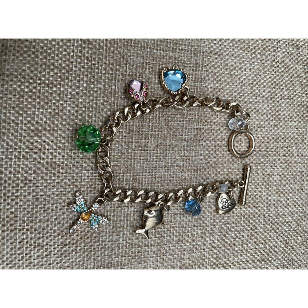 BETSEY JOHNSON CHARM BRACELET GREEN BLUE HEART CRYSTAL DRAGONFLY BUG FISH SUMMER - Picture 5 of 7